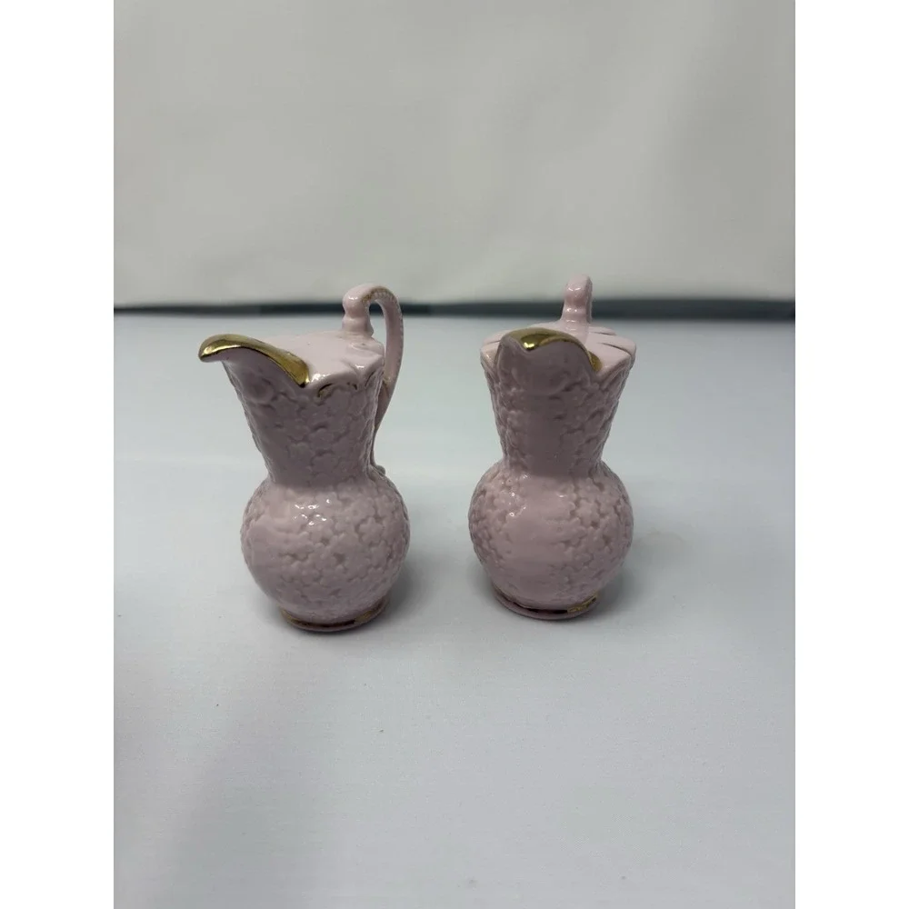 Vintage Pink Gold Pitcher Case Salt & Pepper Shakers 1950's Wooden Cork MCM